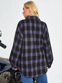 Flirla Plus Plaid Button Up Drop Shoulder Shirt Fall Cloth For Women - Purple - View 2