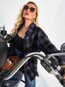 Flirla Plus Plaid Button Up Drop Shoulder Shirt Fall Cloth For Women - Purple - View 4