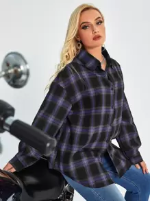 Flirla Plus Plaid Button Up Drop Shoulder Shirt Fall Cloth For Women - Purple - View 5