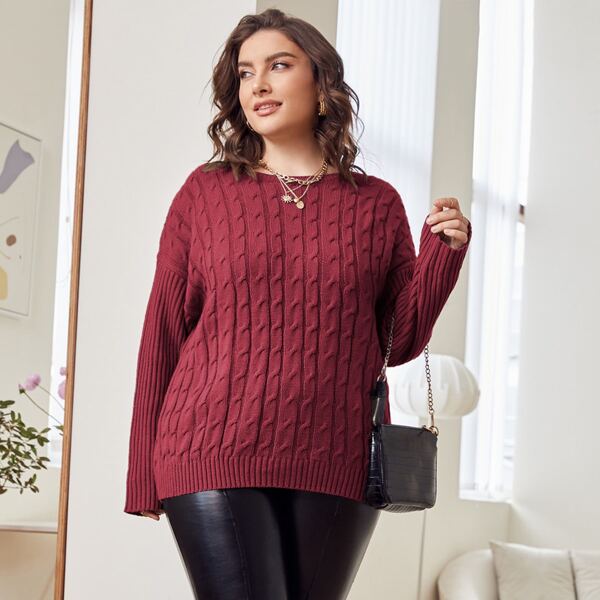 

Plus Cable Knit Crisscross Back Drop Shoulder Sweater, Burgundy