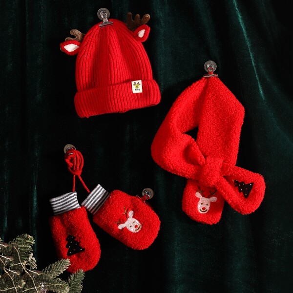 

Toddler Kids Christmas Antler Decor Hat & Scarf & Gloves, Red