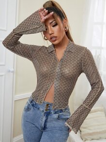 SHEIN ICON Áo nữ Chia Tất cả trên in Giải trí - màu nâu - Xem 1