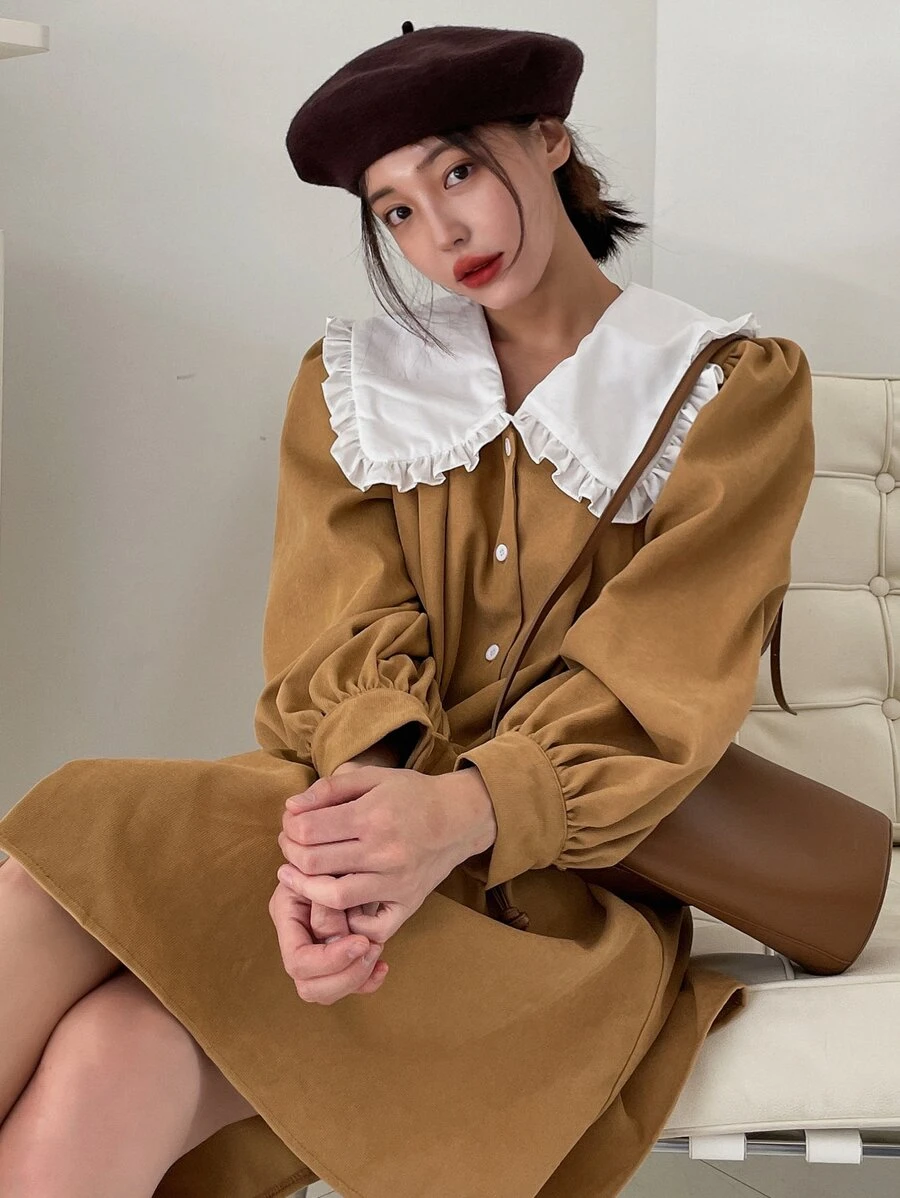 DAZY Peter Pan Collar Button Front Shirt Dress - Khaki - View 1