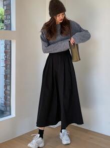 DAZY Solid Elastic Waist Skirt - Black - View 3