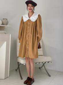 DAZY Peter Pan Collar Button Front Shirt Dress - Khaki - View 4