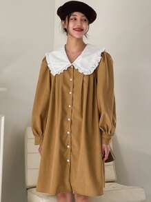 DAZY Peter Pan Collar Button Front Shirt Dress - Khaki - View 5