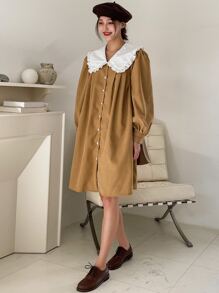 DAZY Peter Pan Collar Button Front Shirt Dress - Khaki - View 6