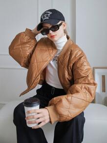 SHEIN COLDBREAK Drop Shoulder Zip Up Quilted Coat - Brown - View 1