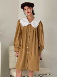 DAZY Peter Pan Collar Button Front Shirt Dress - Khaki - View 7