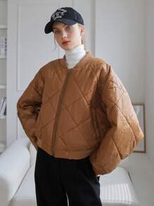 SHEIN COLDBREAK Drop Shoulder Zip Up Quilted Coat - Brown - View 3