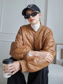 SHEIN COLDBREAK Drop Shoulder Zip Up Quilted Coat - Brown - View 4