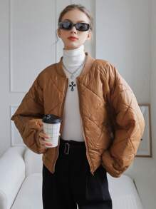 SHEIN COLDBREAK Drop Shoulder Zip Up Quilted Coat - Brown - View 5