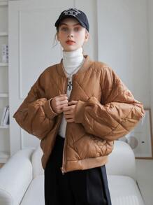 SHEIN COLDBREAK Drop Shoulder Zip Up Quilted Coat - Brown - View 6