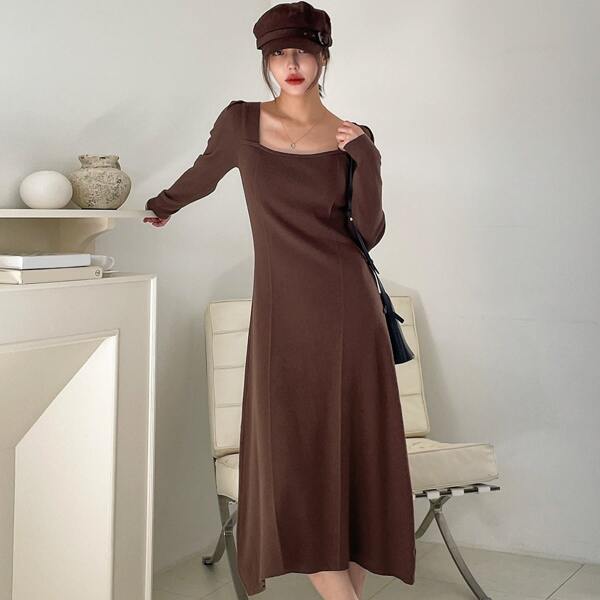 

Solid Square Neck Puff Sleeve Dress, Chocolate brown