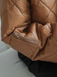 SHEIN COLDBREAK Drop Shoulder Zip Up Quilted Coat - Brown - View 7