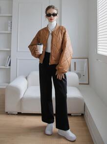 SHEIN COLDBREAK Drop Shoulder Zip Up Quilted Coat - Brown - View 8