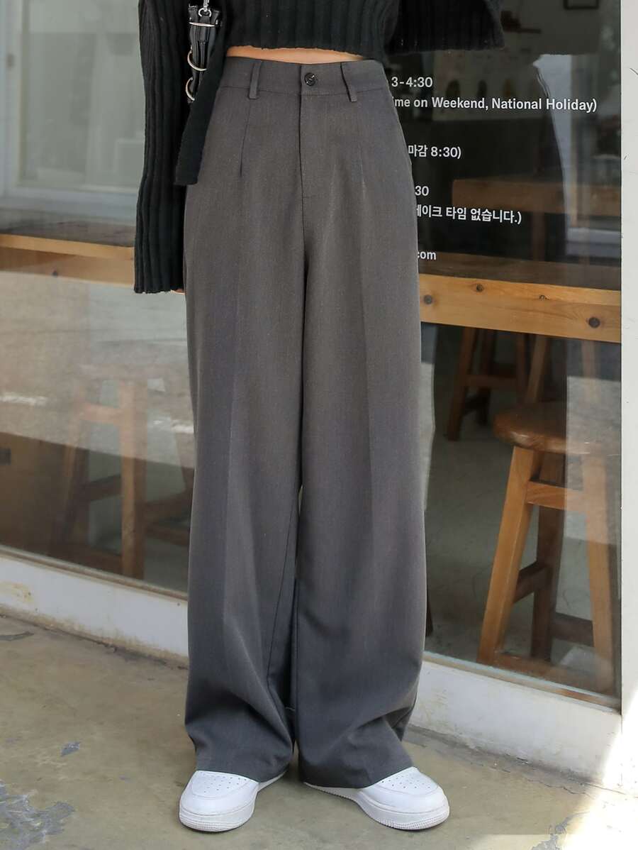 DAZY High Waist Slant Pockets Suit Trousers - Dark Grey - View 1