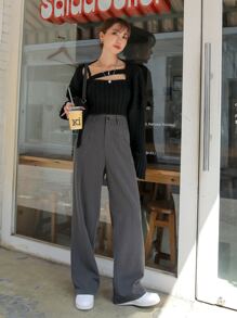 DAZY High Waist Slant Pockets Suit Trousers - Dark Grey - View 3