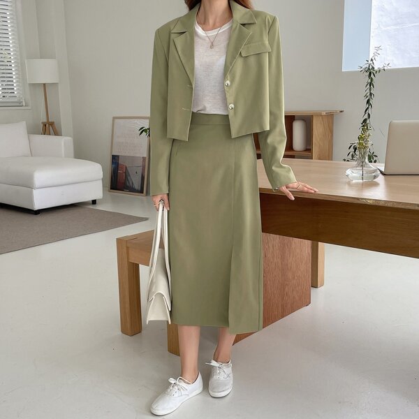 

Solid Button Front Blazer & Skirt Set, Green