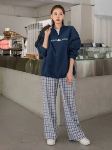 DAZY Áo nỉ Núi Và Thêu Chữ Khóa kéo một phần tư Thả vai Lông cừu Without Tee - Màu xanh hải quân - Xem 3