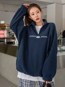 DAZY Áo nỉ Núi Và Thêu Chữ Khóa kéo một phần tư Thả vai Lông cừu Without Tee - Màu xanh hải quân - Xem 5