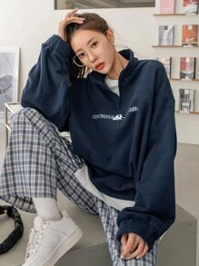 DAZY Áo nỉ Núi Và Thêu Chữ Khóa kéo một phần tư Thả vai Lông cừu Without Tee - Màu xanh hải quân - Xem 6