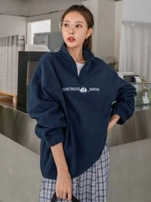 DAZY Áo nỉ Núi Và Thêu Chữ Khóa kéo một phần tư Thả vai Lông cừu Without Tee - Màu xanh hải quân - Xem 8