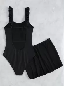 SHEIN Swim 2 gói Áo tắm một mảnh Ruffle Vai & Váy đi biển, Bãi biển mùa hè - màu đen - Xem 2