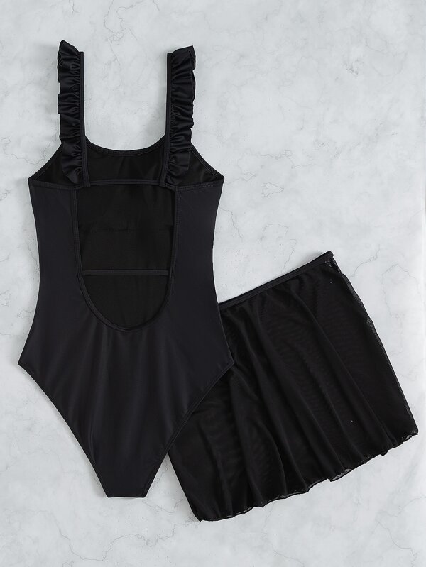 2pack Ruffle Shoulder One Piece Swimsuit & Beach Skirt SHEIN USA