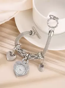 Reloj cuarzo con diseño de pulsera con corazón - Plateado - Ver 1