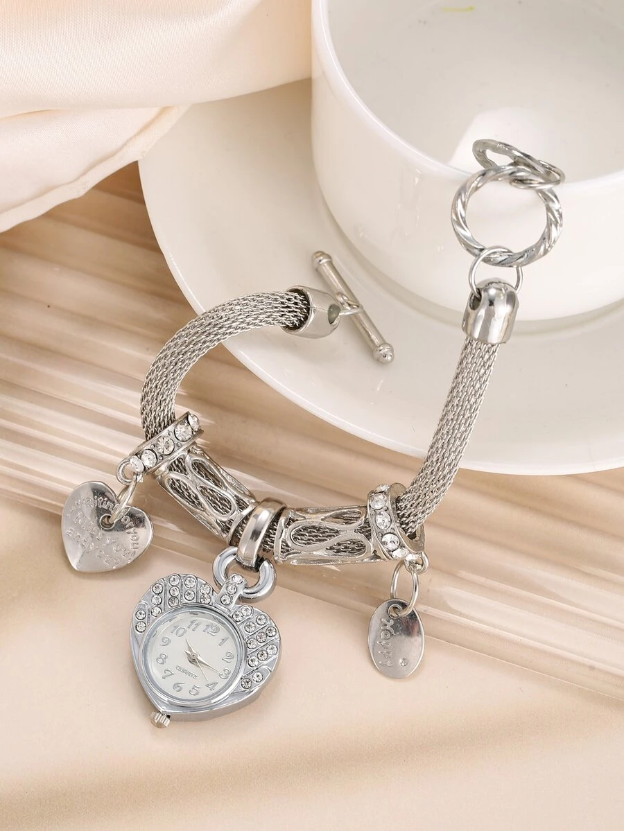 Reloj cuarzo con diseño de pulsera con corazón - Plateado - Ver 1