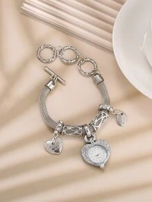 Reloj cuarzo con diseño de pulsera con corazón - Plateado - Ver 3