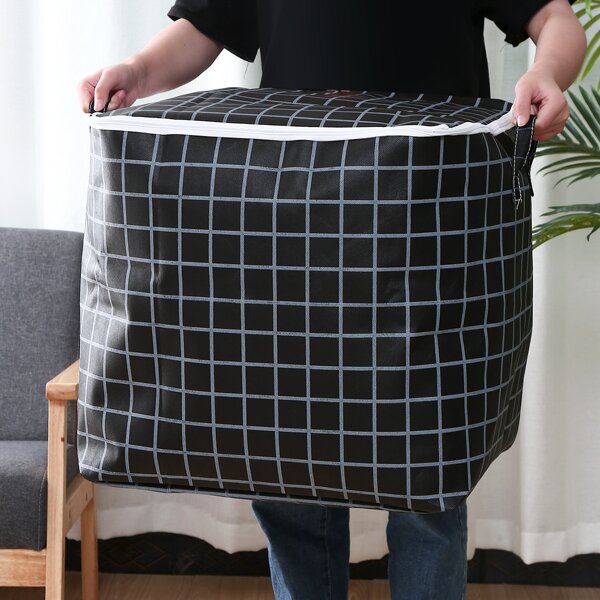 

1pc Plaid Print Quilt Storage Bag, Black