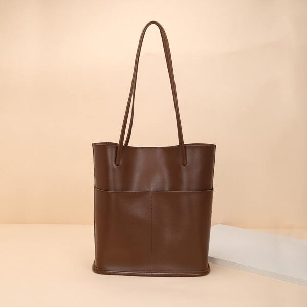

Pocket Front Shoulder Tote Bag, Coffee brown
