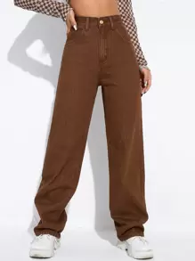 斜口袋直筒牛仔褲 - 咖啡棕 - 查看 1