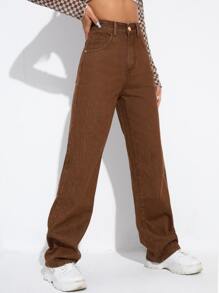 斜口袋直筒牛仔褲 - 咖啡棕 - 查看 2