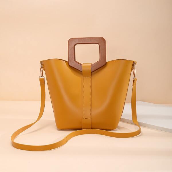 

Wooden Handle Top Handle Bag, Yellow