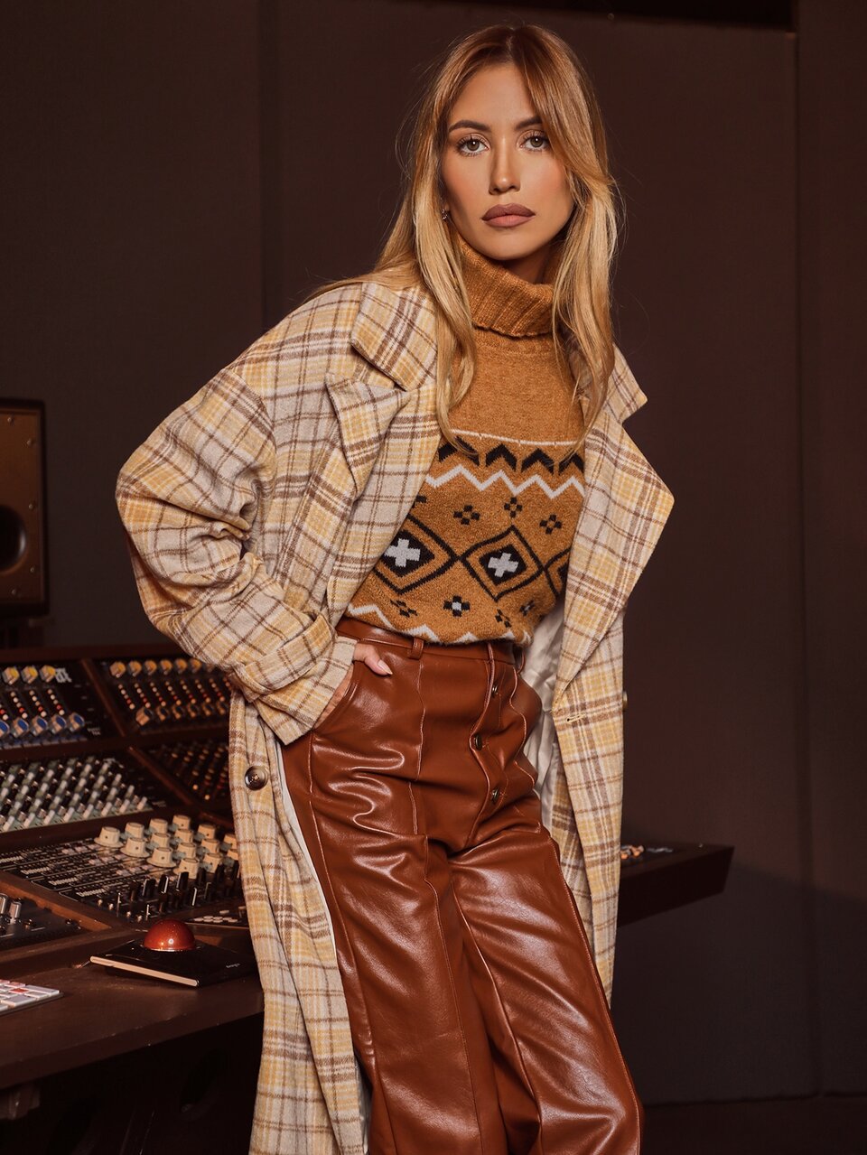 Lapel Neck Tartan Print Drop Shoulder Belted Overcoat
