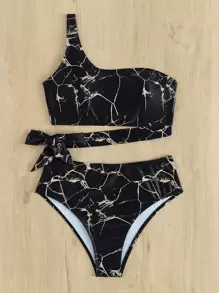Marble Print One Shoulder High Waisted Bikini - Black - View 4