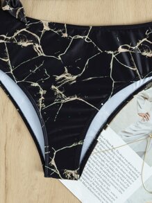 Marble Print One Shoulder High Waisted Bikini - Black - View 6