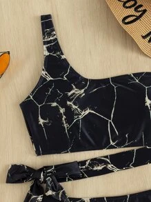 Marble Print One Shoulder High Waisted Bikini - Black - View 7