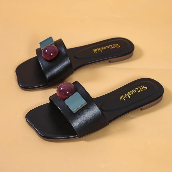 

Square Toe Flat Slide Sandals, Black