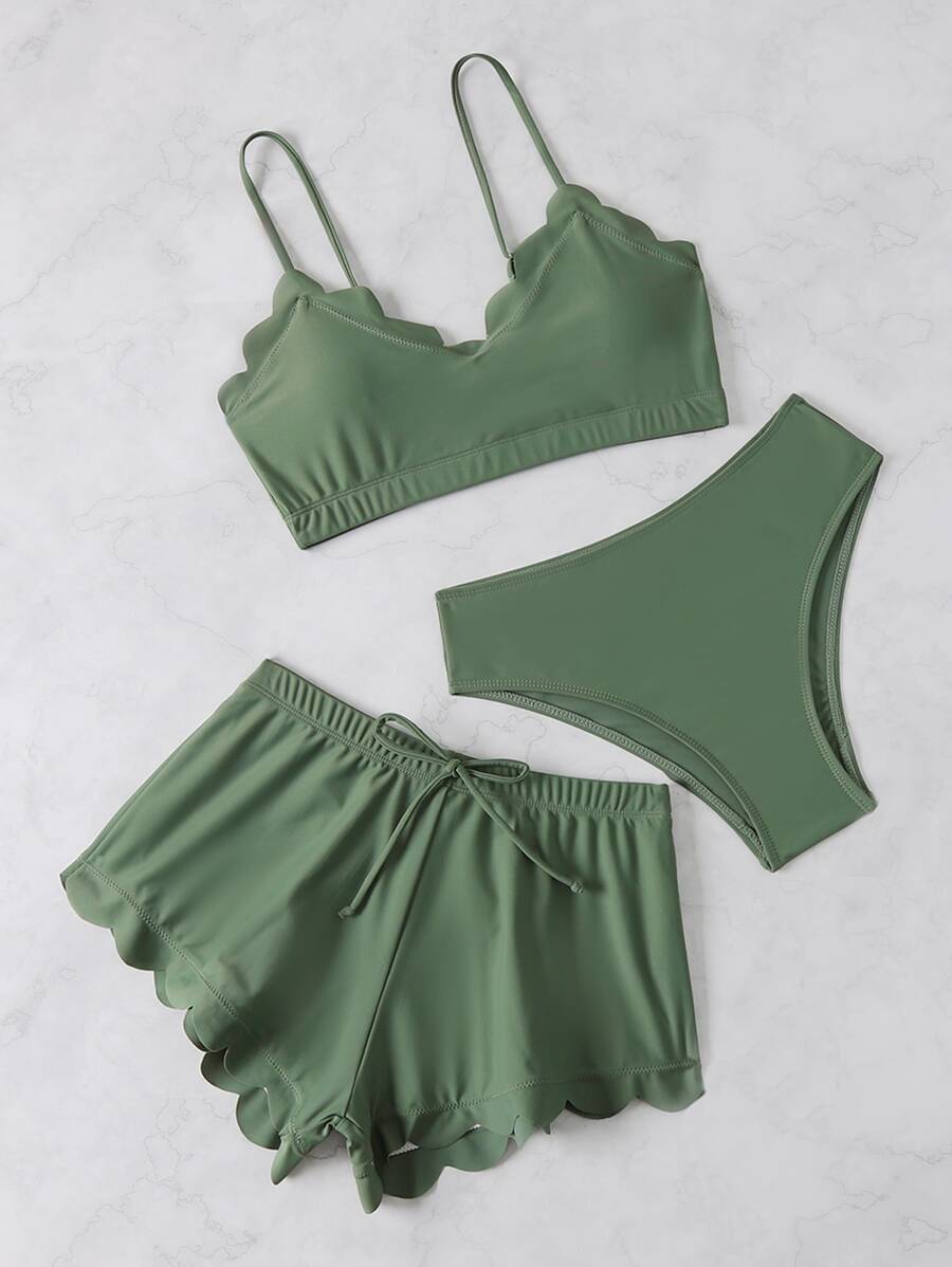 3 Paquetes de Conjunto de Bikini con Borde Aletado y Shorts de Baño, para Vacaciones de Verano en la Playa - Verde - Ver 1