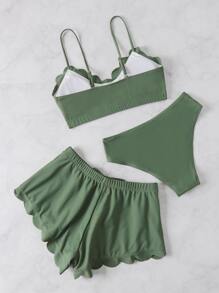 3 Paquetes de Conjunto de Bikini con Borde Aletado y Shorts de Baño, para Vacaciones de Verano en la Playa - Verde - Ver 2