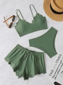 3 Paquetes de Conjunto de Bikini con Borde Aletado y Shorts de Baño, para Vacaciones de Verano en la Playa - Verde - Ver 3