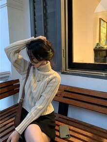 素色高領短款套頭衫毛衣 - 杏色 - 查看 2