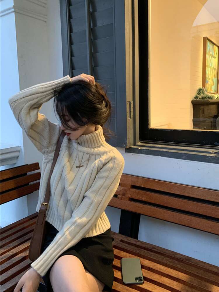 Solid High Neck Crop Sweater - Apricot - View 2