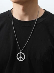 Minimalist Street Necklace, Stainless Steel, Hollow Peace Sign Round Pendant, Suitable For Daily & Street Outfits, Nice Gift For Guys - Silver - View 11