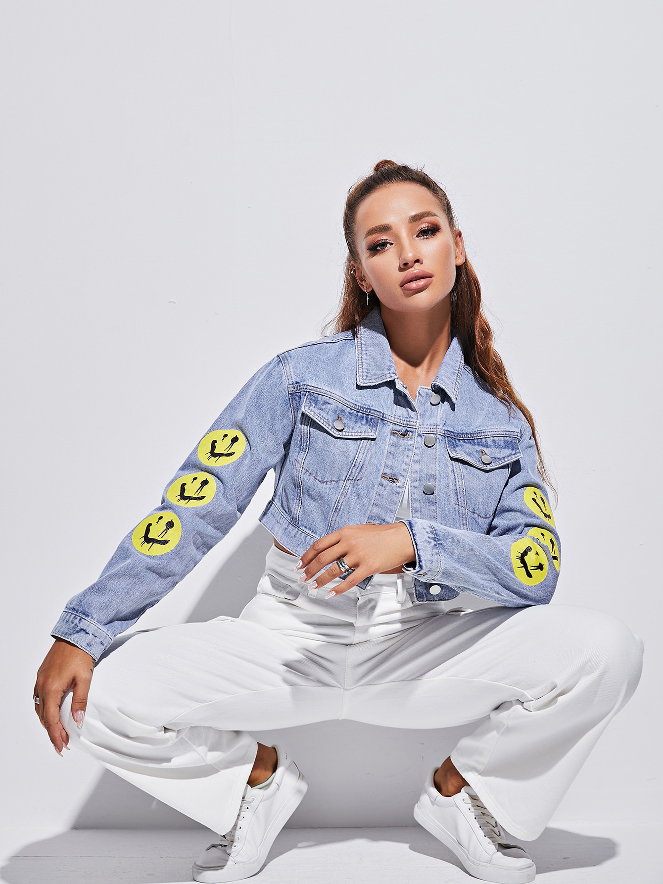 Emoji Print Button Up Crop Denim Jacket 