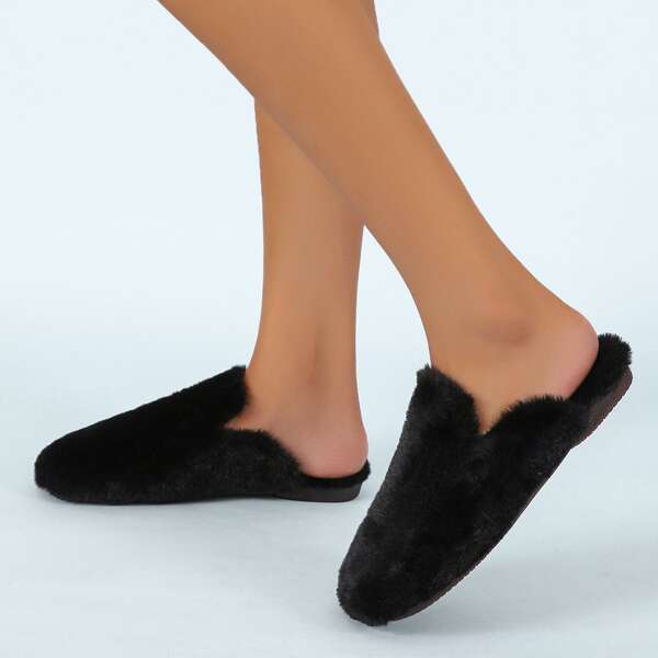 

Round Toe Fluffy Flat Mules, Black